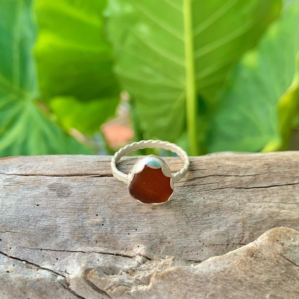 Golden amber glass Sea tumbled sea glass sterling & fine silver soldered ring - Picture 6 of 6